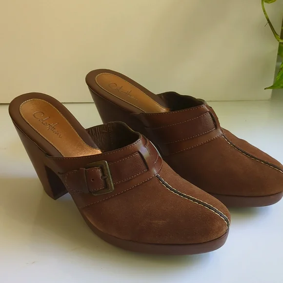 Cole Haan Ladies Brown High Heels Suede Slip-on Mules with Buckle - Picture 2 of 8